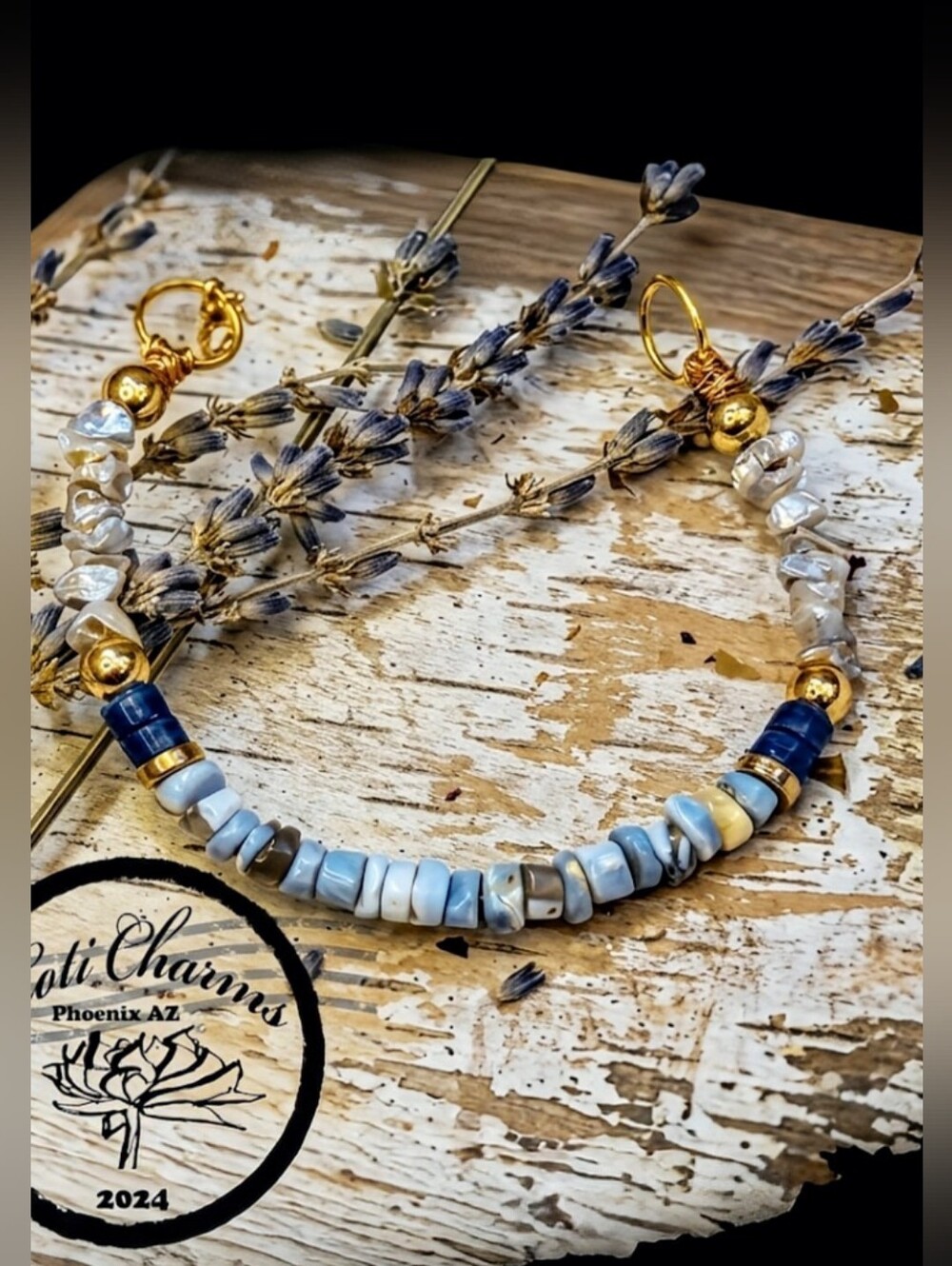 Nature's Blue Opal & Kyanite W/ Keshi Pearls In Statement Gold Plated Bracelet